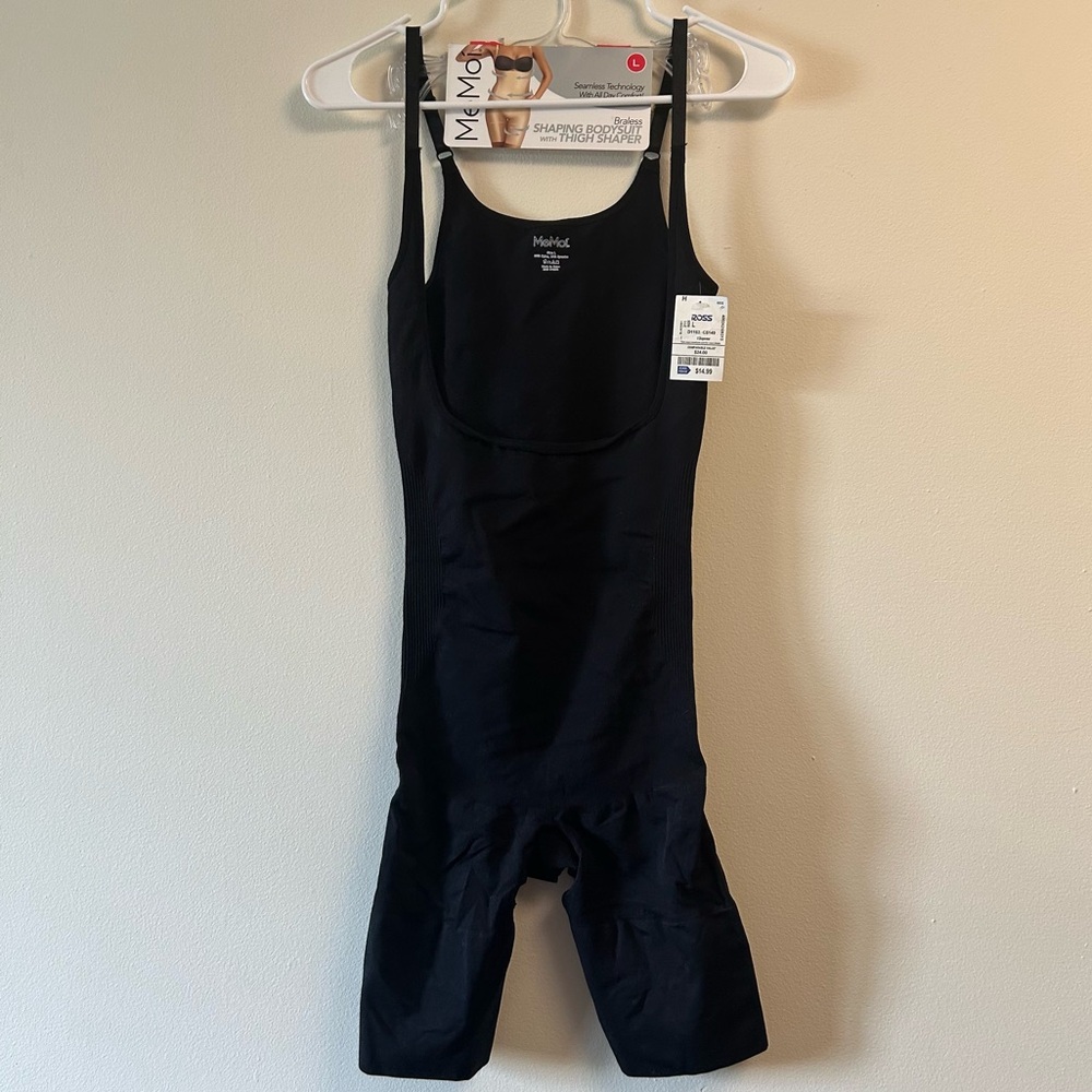 MeMoi Black Women's Braless Smoothing High Back Shaping Bodysuit w/Thigh Shaper
